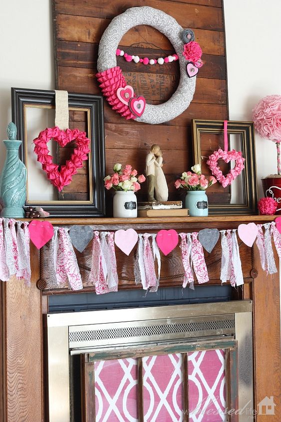 valentine s day mantel, fireplaces mantels, seasonal holiday d cor, valentines day ideas, wreaths, I went with a little different theme for Valentine s Day Grey Hot Pink Light pink and Aqua I think it s such a fun combination