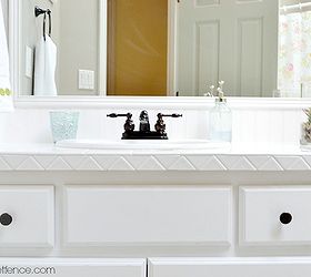 budget friendly bathroom makeover, bathroom ideas, home decor, Ceramic tile on front of counter was painted