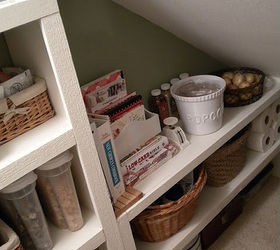 this house had no pantry space whatsoever what could we do but figure out how to, cleaning tips, closet, storage ideas, Shelving all the way into the angle created by the stairs no wasting any space here