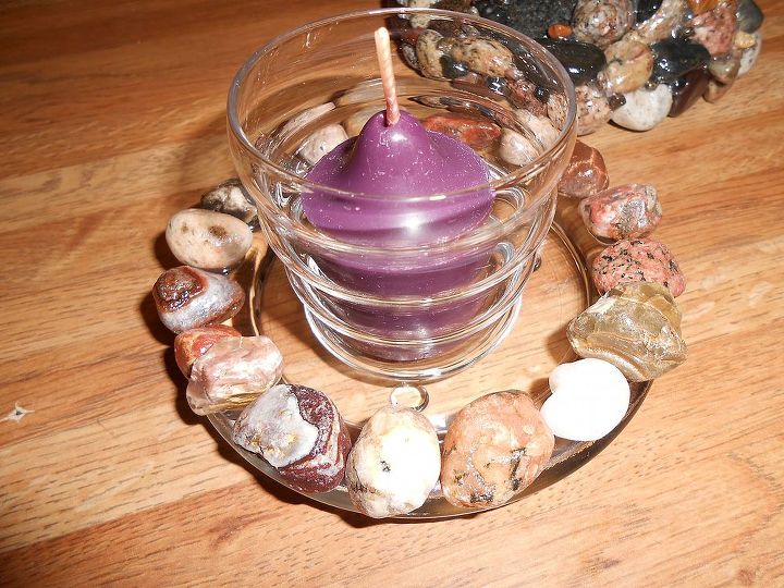 my lake superior rock collection, crafts, home decor, pallet, repurposing upcycling, Adorable clear glass candle pillar holder 5 in diam will hold pillar or candle holder 3 or smaller given as gift