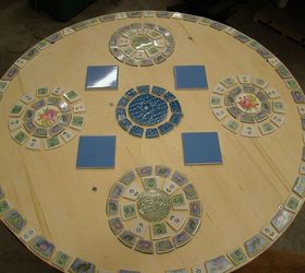 mosaic table for the patio or garden, outdoor furniture, painted furniture, tiling, Added my place settings and a tile for drinking glass or tea cups