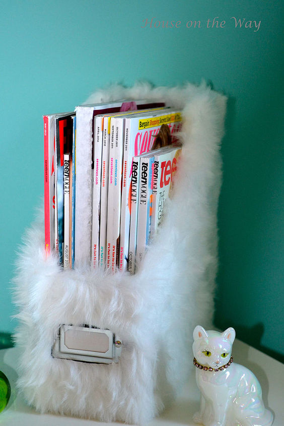 faux fur lampshade and magazine holder, home decor, This basic cardboard magazine holder got a new fun fur look too