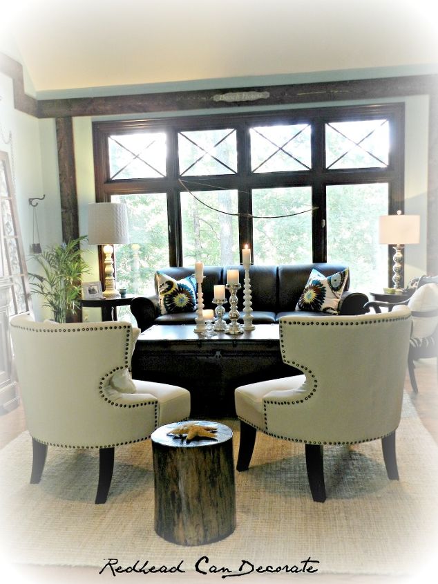 winter beach lodge living room reveal, home decor, living room ideas, There are several projects involved with this makeover One of which is the stump we transformed into an end table