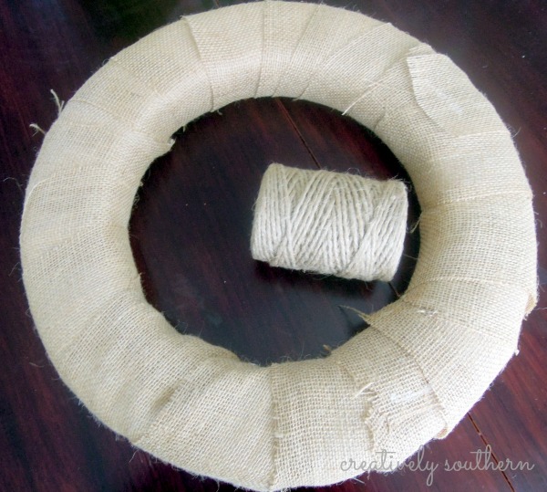 natural jute fall wreath, crafts, wreaths, Wrap the form with strips of burlap fabric for a good base