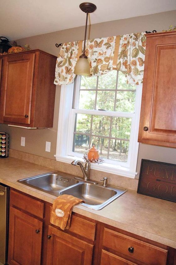 fall kitchen decor, kitchen design, seasonal holiday decor, I hung up my fall one hour napkin curtains http livingrichonless com how to make one hour napkin curtains