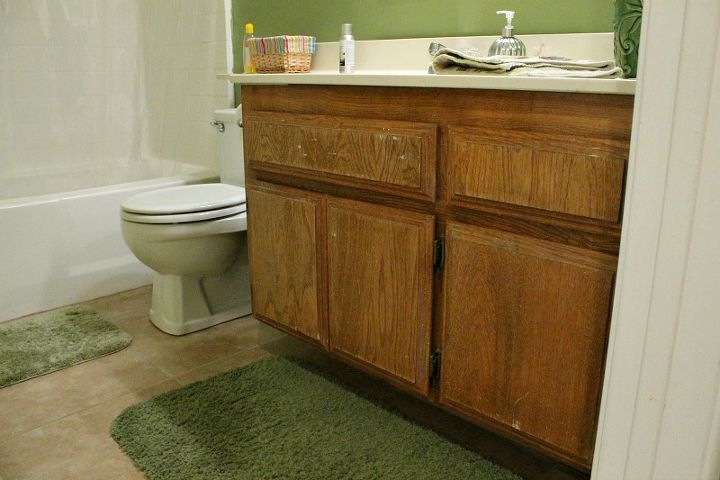 repainting bathroom cabinets quick and easy, bathroom ideas, kitchen cabinets, painting, Flaking varnish water damage and paint smudges Gotta go