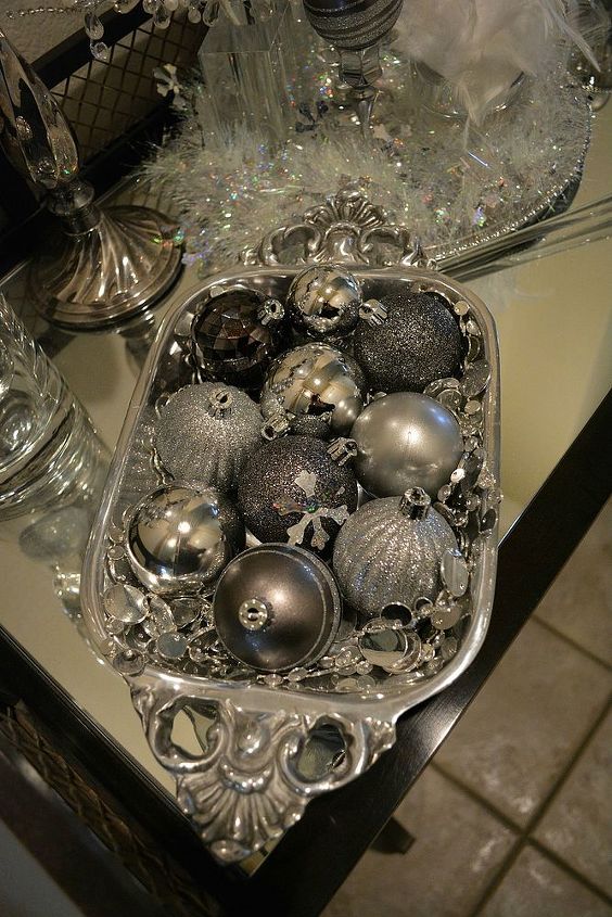 easy to create winter white vignette for the holidays, christmas decorations, seasonal holiday decor, A pewter bowl from the kitchen I filled with silver garland and silver ornaments