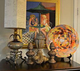 decorating with blown glass finials and a painting, home decor, painting, A glass blown lamp some finials a painting and a glass blown platter It feels like Spring