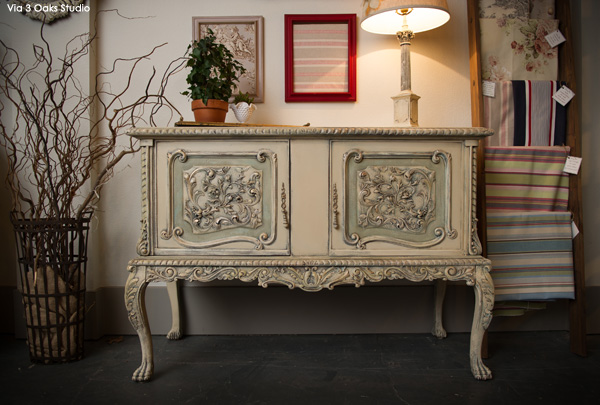 furniture stenciling ideas with royal design studio, chalk paint, painted furniture, Vicki Shoemaker of 3 Oaks Studio used our Small Scrollallover Furniture Stencil on the inside of this beautifully stenciled buffet for an added surprise