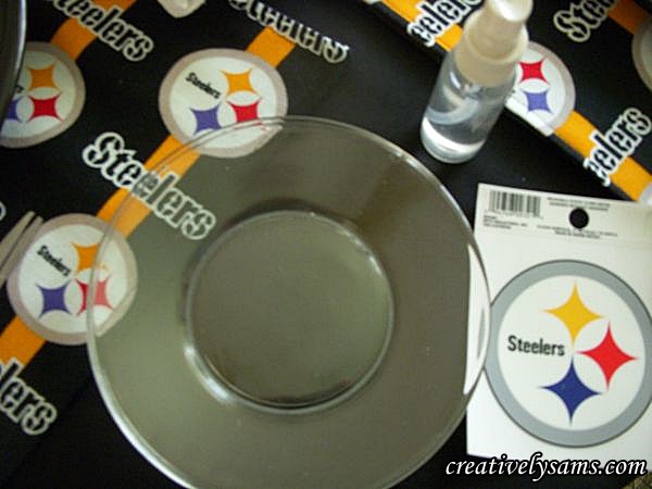 steeler tablescape, home decor, Start with a clear glass plate and a Steeler Window Cling Cut out the cling around the edge of the circle of the logo