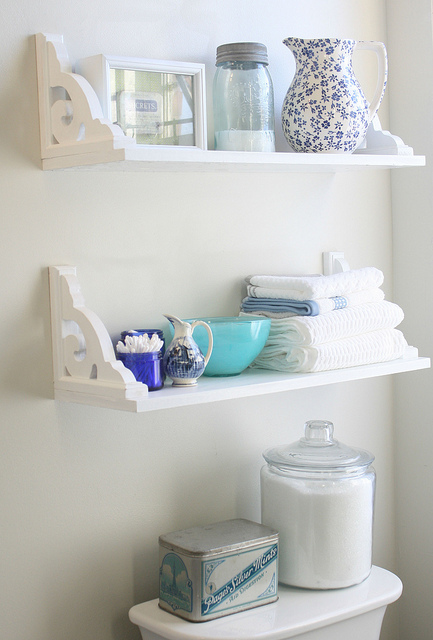 vintage inspired diy shelves, bathroom ideas, shelving ideas, These shelves are made up of four wood scroll brackets and two stock sized laminate shelves