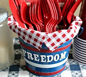 diy patriotic picnic bucket for dressing up your table storage, crafts, patriotic decor ideas, seasonal holiday decor, A great way to be patriotic and keep your picnic supplies organized on the table