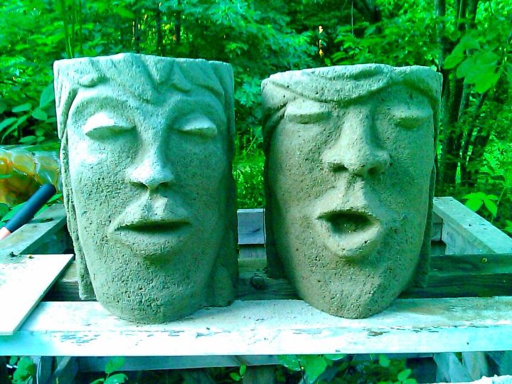 potheadz lol i just luv playin in tha mud these are concrete planters that i, concrete masonry, gardening, Two Original Face Planters by Rhonda