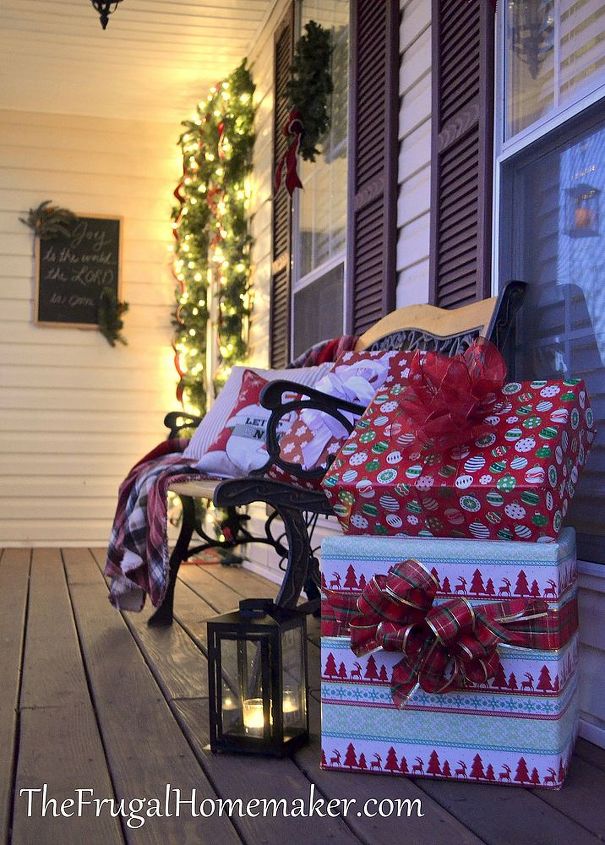 christmas front porch, curb appeal, seasonal holiday decor, wreaths, wrapped packages add some fun to my porch