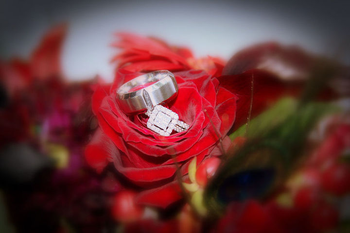 a scarlet wedding bouquet with beloved sparkles by sk sartell, flowers, gardening, The wedding rings were a special touch