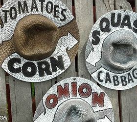 garden signs on straw hats, crafts, gardening, outdoor living, repurposing upcycling