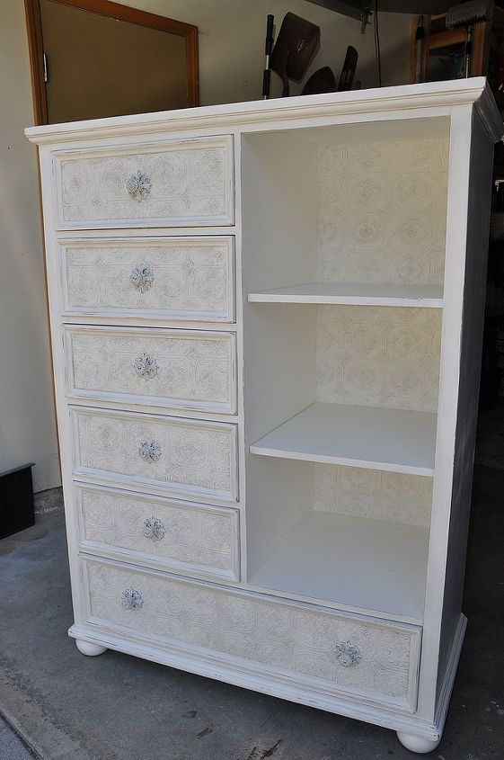 how to use textured wallpaper on furniture, painted furniture, The lady who bought this has it in her dining room and uses it to hold all her and her little girls craft and art supplies What a fun way to hide stuff and still make your room look elegant