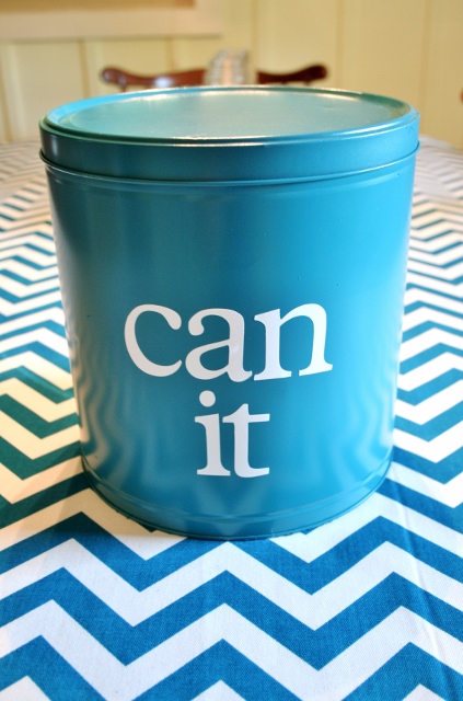 upcycled popcorn tin to teal organization container, crafts, repurposing upcycling, Then cut out or stencil a vinyl saying and adhere it to the can
