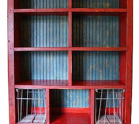 custom bookcase with vintage lockers and baskets, painted furniture, storage ideas, The completed bookcase GadgetSponge com