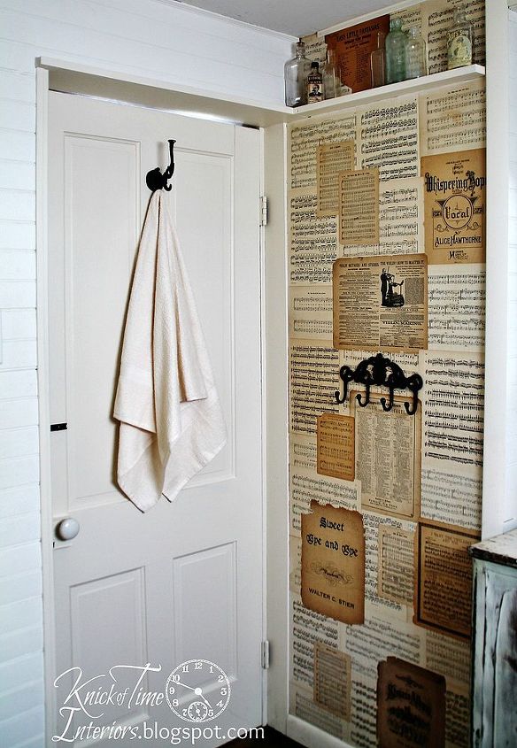 farmhouse bathroom remodel, bathroom ideas, home decor, home improvement, I decoupaged antique sheet music onto one wall