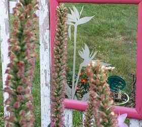 garden walk fairies gnomes and flower garden design, flowers, gardening, outdoor living, repurposing upcycling, Pink garden mirror hangs on a white fence capturing the reflection of different flowers as they bloom