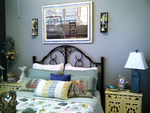 beach bedroom, bedroom ideas, seasonal holiday decor, My Fav beach painting with an old frame I chalk painted