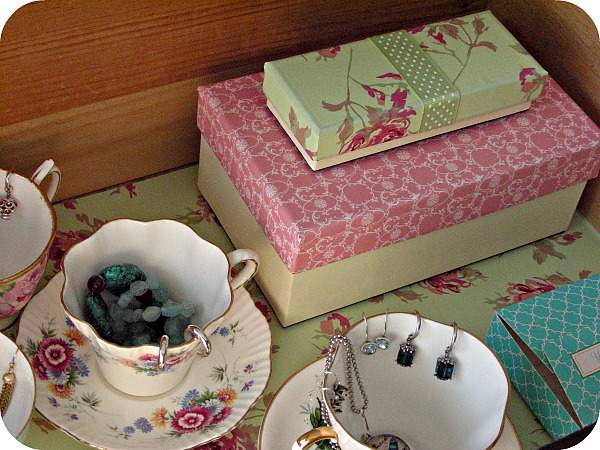 vintage tea cup jewelry storage solution, repurposing upcycling, storage ideas, Boxes covered in drawer liner store larger and less used pieces