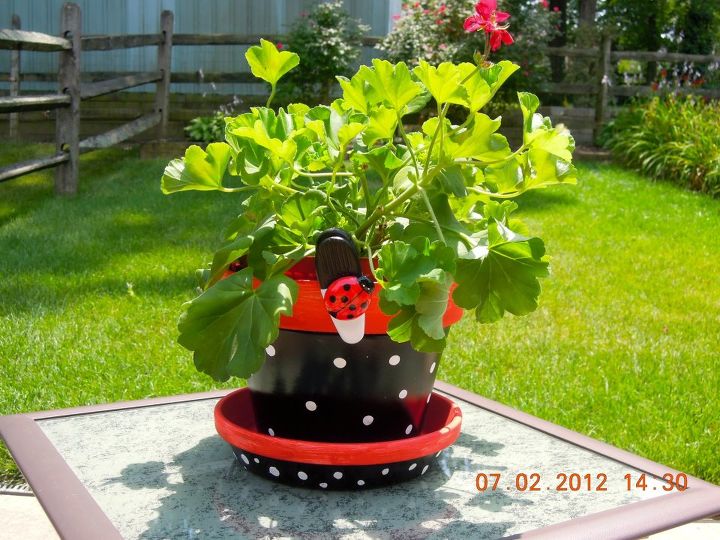 repurposed things amp crafts for the yard, flowers, gardening, mason jars, outdoor living, repurposing upcycling, My Lady Bug Clay Pot I painted I used acrylic paint on it