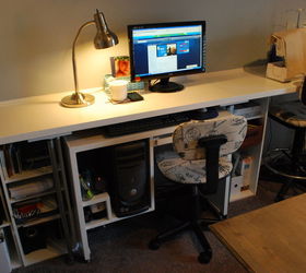 a diy sewing room, cleaning tips, craft rooms, organizing, shelving ideas, storage ideas, I took my old desk apart turned it upside down and added casters It now slides under the long desk but is easily pulled out to access the back of the computer s cpu