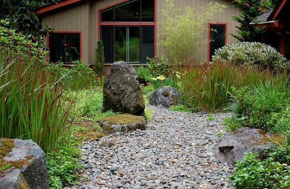 portland landscaping design, landscape, outdoor living, Dry creek and boulder setting in Lake Oswego