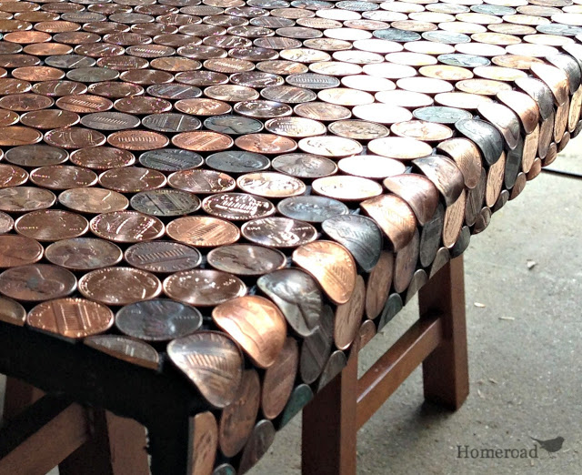 a penny desk, countertops, painted furniture, repurposing upcycling, Rounding the corner with bent pennies