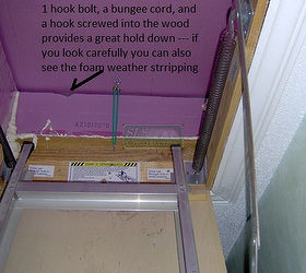 a diy attic hatch option, A couple of eye hooks a few bungee cords helps hold the hatch in place