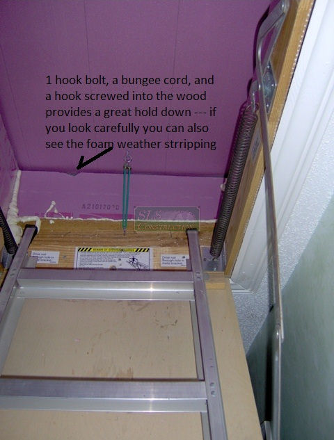 a diy attic hatch option, A couple of eye hooks a few bungee cords helps hold the hatch in place