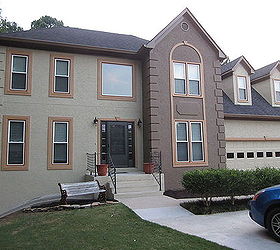 stucco color combo, curb appeal, garage doors, garages, painting, The client was especially thrilled with the burnt orange trim color