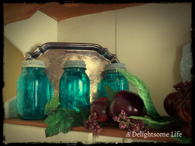 red and aqua for autumn decor, seasonal holiday decor, faux Mason Jars silver tray and red apples for autumn decor