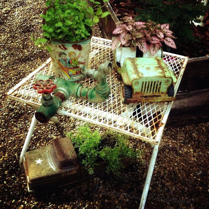 adding vintage junk to the garden, container gardening, flowers, gardening, repurposing upcycling, Vintage junk adds whimsy and interest to the garden