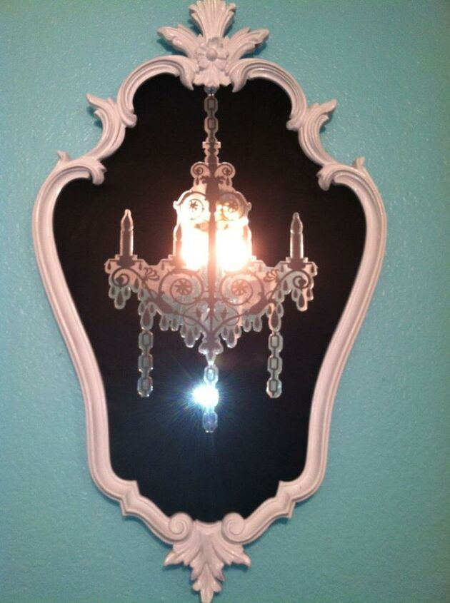 teen space glitz and glam, bedroom ideas, home decor, The glass in this frame was missing so we added a board covered in fabric and glue this mirrored chandelier wallie onto the board