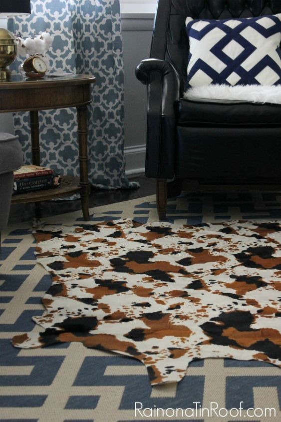 vintage modern rustic living room, home decor, living room ideas, The DIY Cowhide rug lends a bit of a rustic feel to the modern rug
