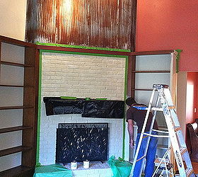 repurposed using an old barn tin roof and barn wood for a fireplace makeover, fireplaces mantels, home decor, mason jars, repurposing upcycling, Fireplace in progress