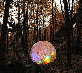lighted gazing ball mounted in an old log instructions included, gardening, lighting, My original glowing fairyball at dusk
