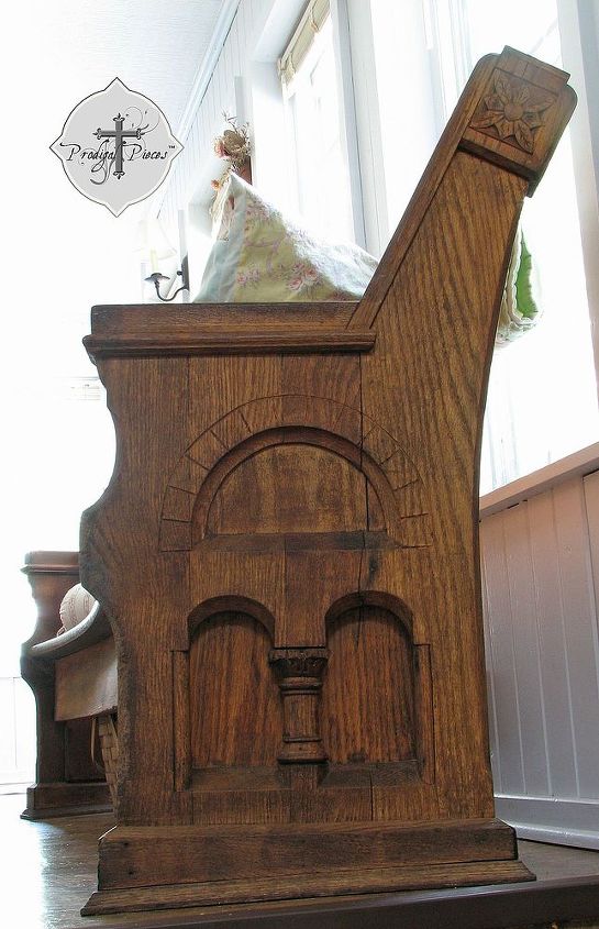 q antique pew with circular piece attached to hymnal holder, painted furniture, repurposing upcycling