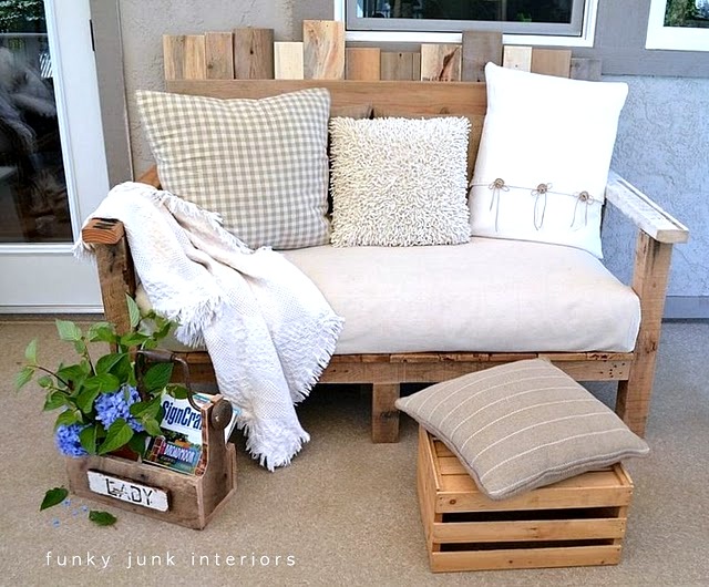 make an outdoor pallet sofa that s comfy and cute, home decor, outdoor furniture, outdoor living, painted furniture, pallet, patio, This little sofa is the perfect size for our smaller covered patio The oversized cushion from a futon sofa was wrapped with a painter s drop cloth making clean up an absolute breeze