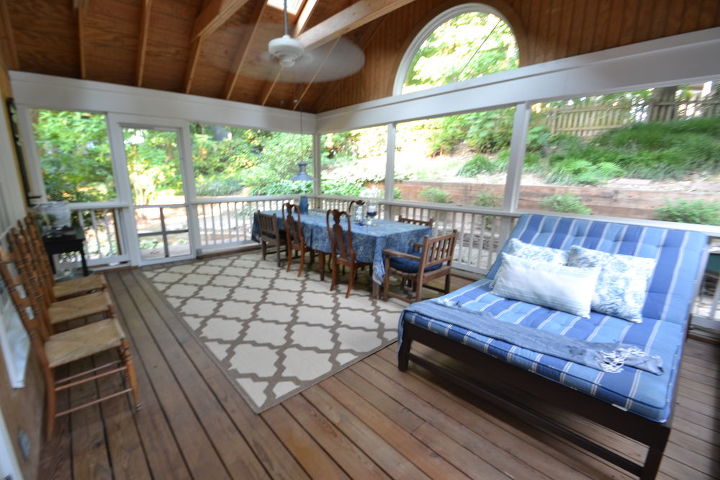 q what furniture layout do you recommend for my screened in porch, doors, home decor, outdoor furniture, painted furniture, porches, Screened In Porch view from french doors