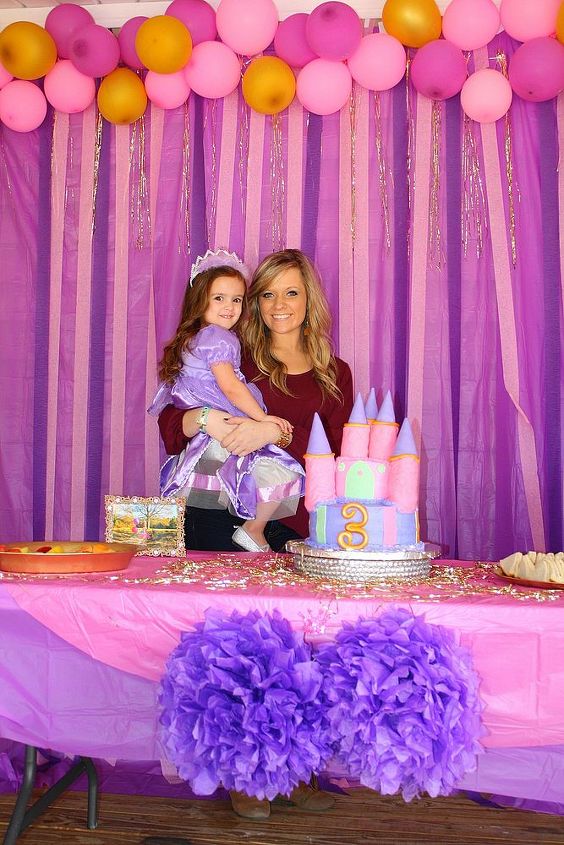 royal princess ball birthday party, crafts, Castle cake cake stand old cake pan added rhinestones fruit tray and finger sandwiches background plastic table covers with streamers gold tinsel with balloon border Ava said it was the best birthday party ever ava and mommie
