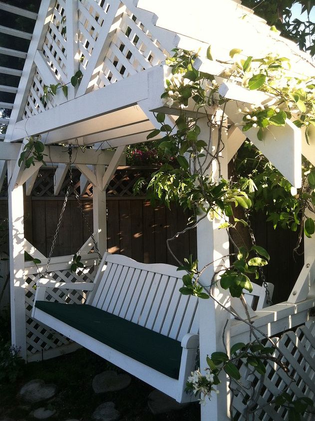 arbor swing, flowers, outdoor furniture, outdoor living, painted furniture, I designed it to have both sides open and airy