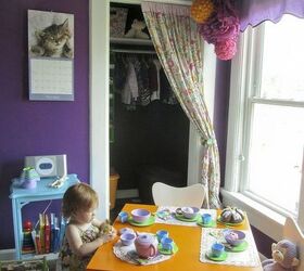 a vivid garden tea party toddler bedroom before during amp after, bedroom ideas, flooring, hardwood floors, home decor, Her closet is about the same with the addition of poufs I made for her first birthday to the corner between the closet and the windows