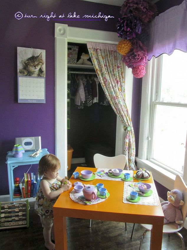 a vivid garden tea party toddler bedroom before during amp after, bedroom ideas, flooring, hardwood floors, home decor, Her closet is about the same with the addition of poufs I made for her first birthday to the corner between the closet and the windows