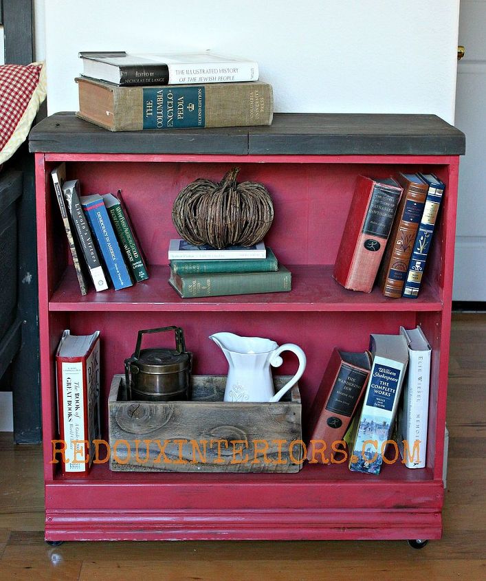 cheap bookshelf makeover using scrap wood and casters