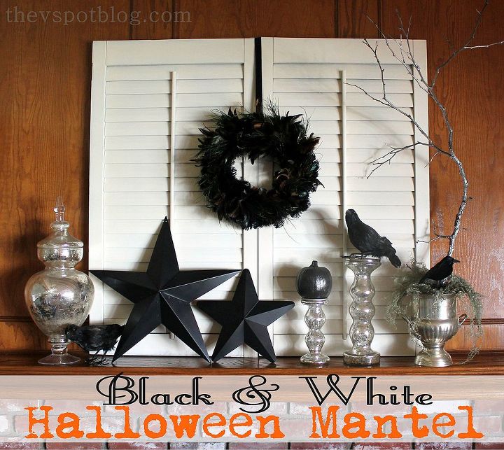 a simple black white halloween mantel, halloween decorations, seasonal holiday d cor, Black White Halloween mantel