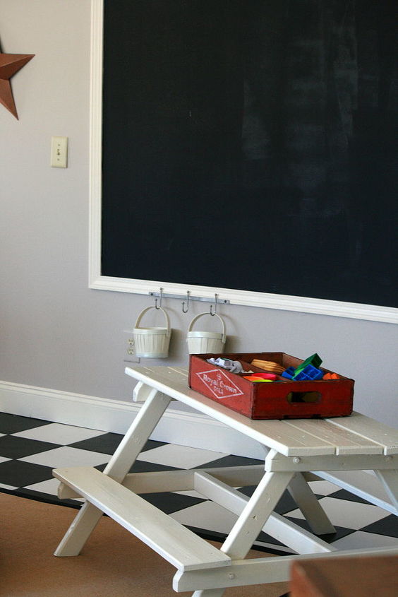 game room play room, home decor, DIY chalkboard and childrens picnic table used for crafts
